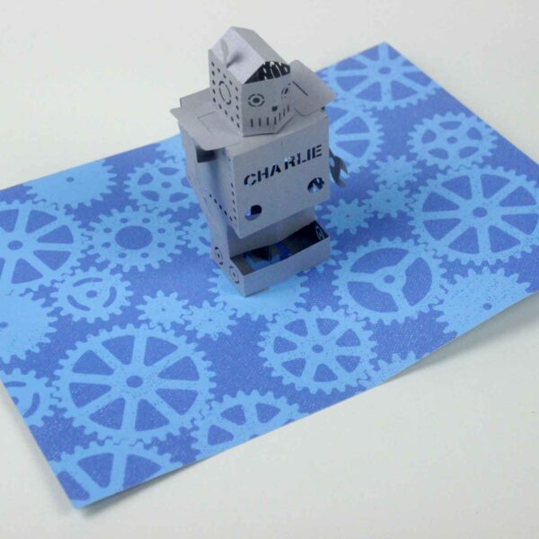 Robot Pop Up Card Personalised Silver and Blue